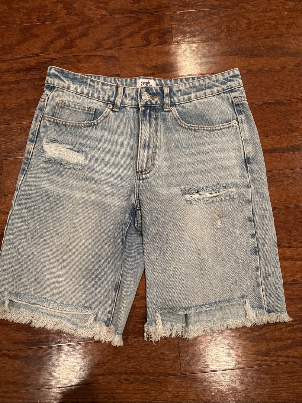 Simple Society Light Wash Distressed Denim Bermuda Shorts - Pale Blue